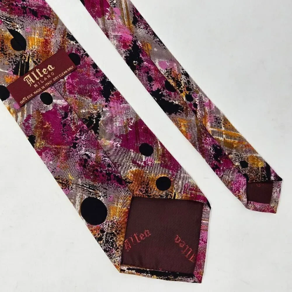 ALTEA MILANO ITALY SILK TIE ORANGE PINK BLACK ABSTRACT SPLATTER 3.75